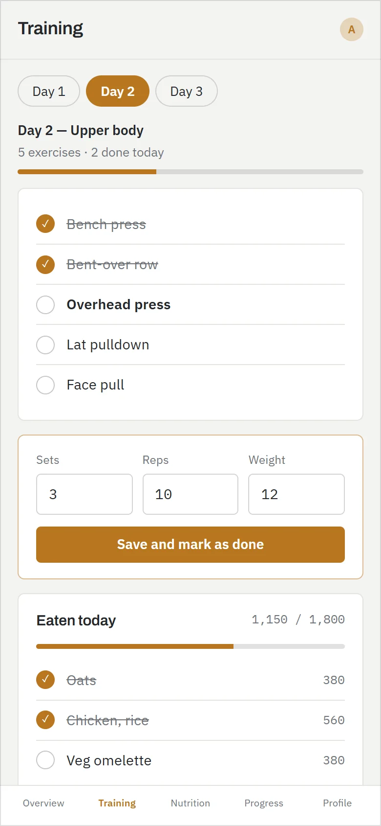 The client's own screen: the day's five exercises with two already ticked off, a panel for the current exercise holding its video and its sets, reps and weight, and underneath what has been eaten today and how the week has gone.