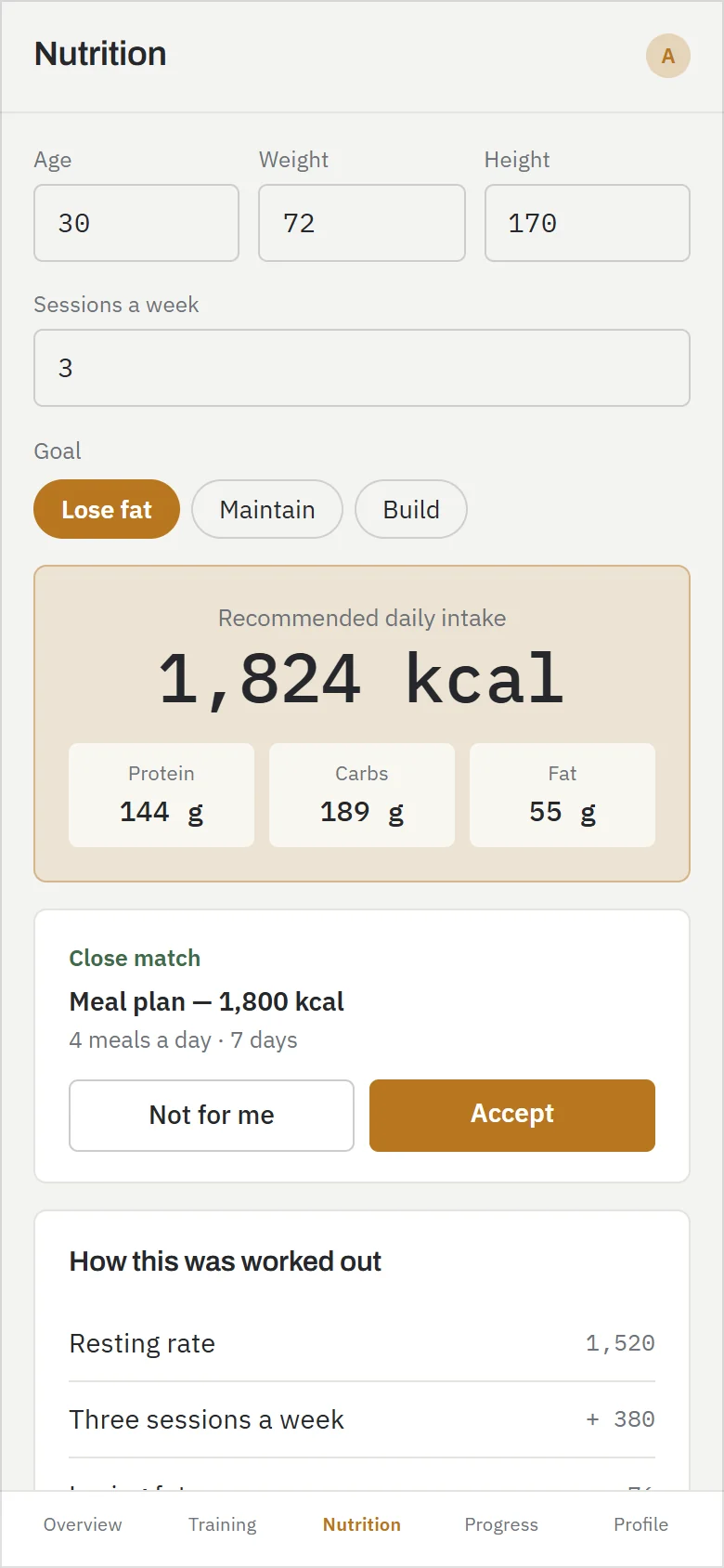 The calorie calculator: age, weight, height and sessions a week on the left with a goal selected, and on the right the daily target with its macros, the closest meal plan the coach has built, and a breakdown of how the number was reached.