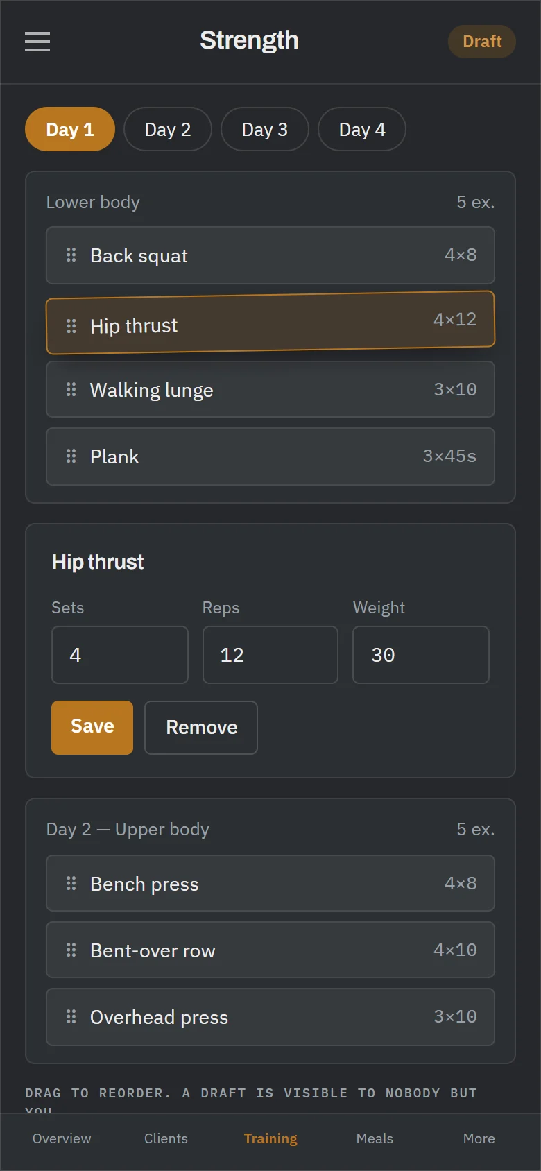 The programme builder: training days as cards of exercises with one row lifted mid-drag, and a panel on the right holding that exercise's sets, reps, weight, rest and note to the client, with the other programmes it appears in listed underneath.