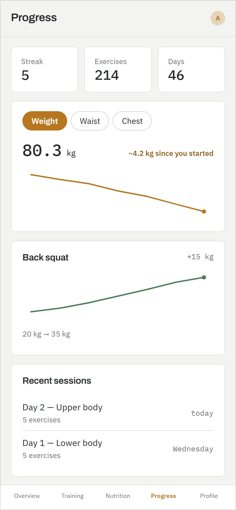 The same figures from the client's own side: a day streak, exercises done and days trained, a measurement panel reading 80.3 kilos and 4.2 down since the start with its falling line, the back squat climbing 15 kilos, and the sessions just finished.
