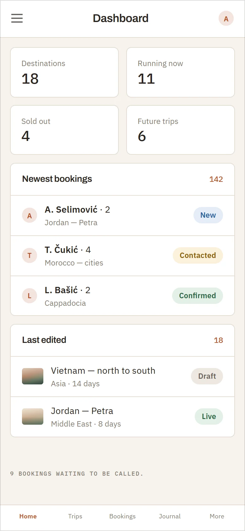 The admin panel's dashboard, drawn: a rail of destinations, future trips, reservations, statistics, journal and team, four tiles counting eighteen destinations, eleven running now, four sold out and six future trips, then the newest bookings with their party sizes and statuses beside the trips last edited with theirs, and a row of quick links.