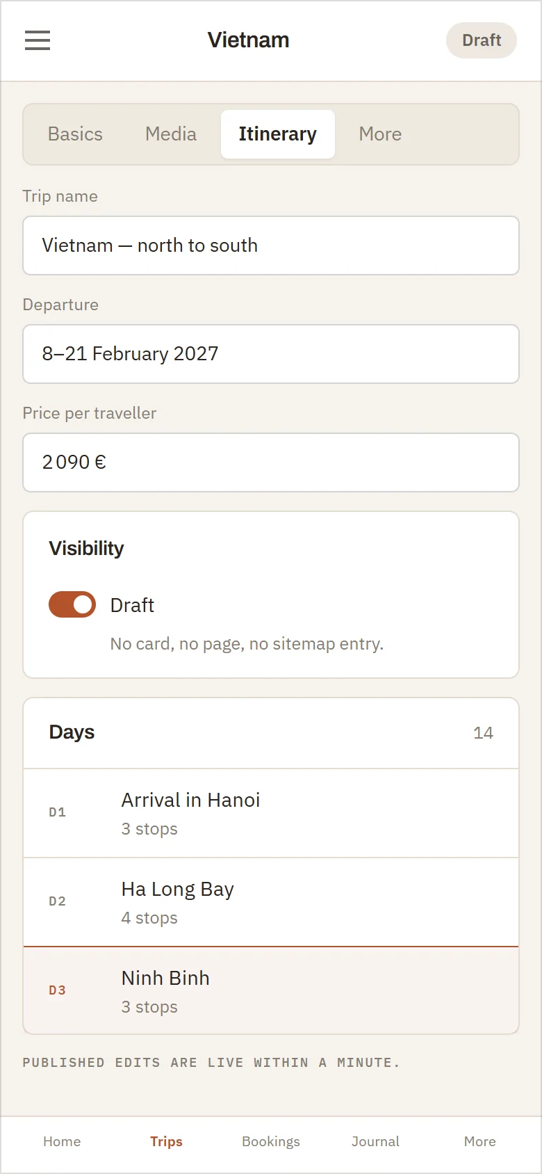 The departure editor, drawn: eight tabs for the basics, media, itinerary, details, featured, general information, reviews and settings, with the trip's name, dates and price filled in and its days listed below as rows that drag into order. On the right the draft switch is on, so nothing of this trip exists for a visitor, and beneath it the trip's web address with the previous address kept as a permanent redirect.