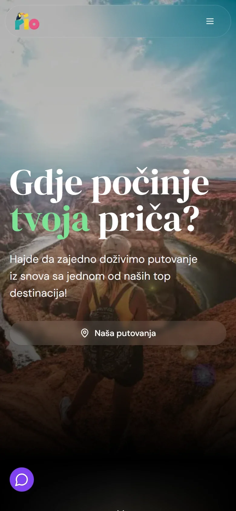 The top of the Rio Putovanja home page: a full-screen photograph of a traveller above a river canyon under the headline “Gdje počinje tvoja priča?” and a button through to the trips.