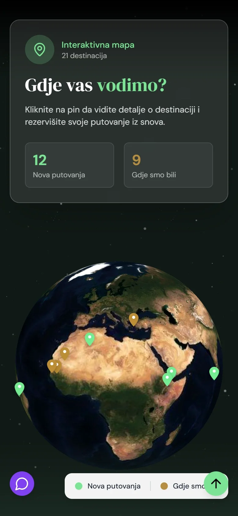 The destination map: a textured globe on black under the heading “Gdje vas vodimo?”, carrying a pin for every destination — green for the departures now running, gold for the places the agency has already been.