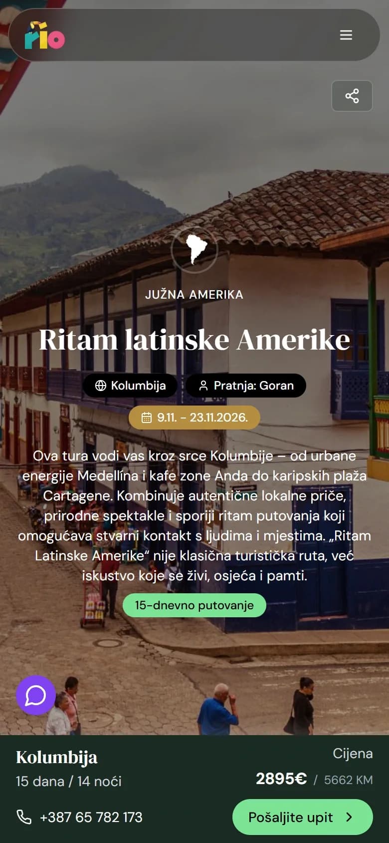 A departure page for Colombia: a street of painted colonial balconies below a mountain, the headline “Ritam latinske Amerike” over it with the country, the guide and the dates as pills beneath, and a bar fixed to the foot of the screen carrying the trip length, the price and an enquiry button.